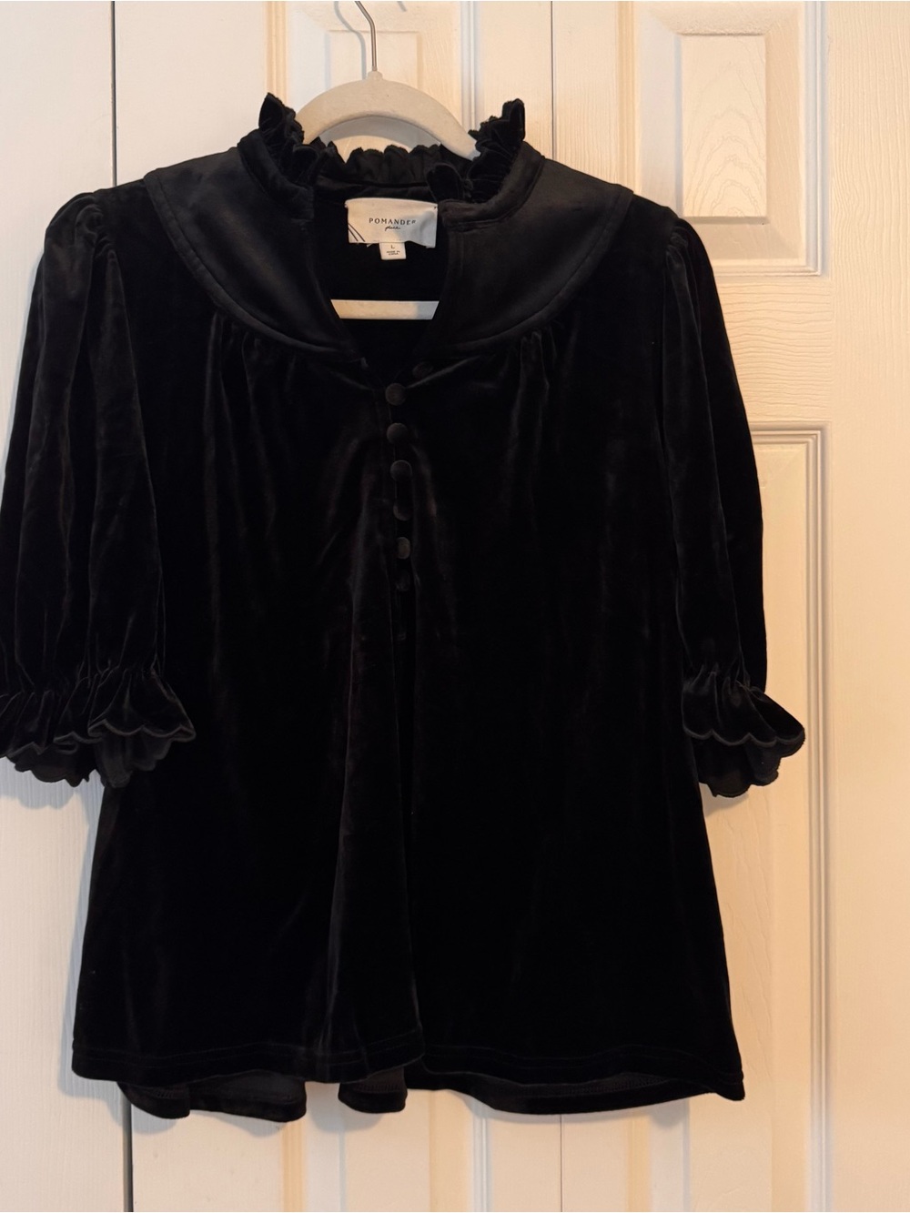 Pomander Place Black Velvet Ruffle-Collar Blouse